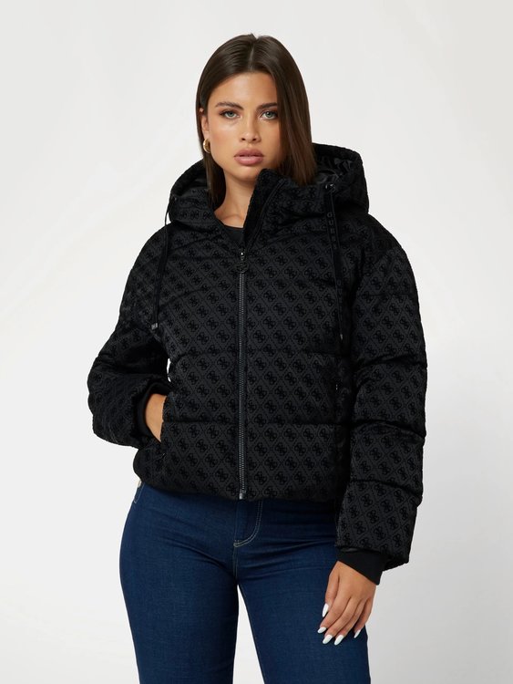 GUESS – Daisy Puffer Logo bunda, Černá barva