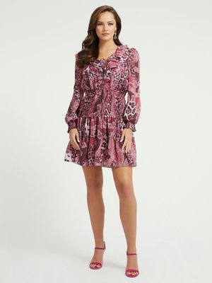 GUESS – Lace Up Flared šaty, Fialová barva