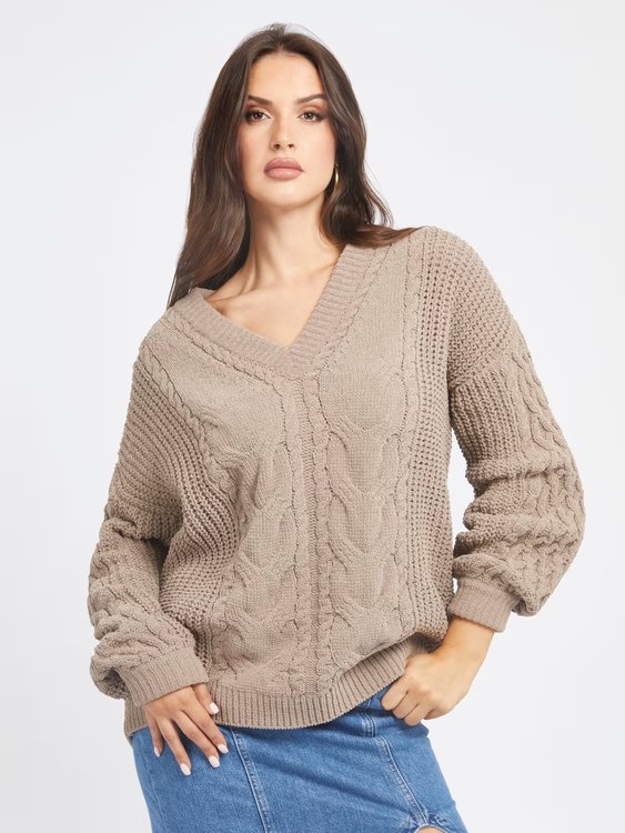 GUESS – Aki Chenille svetr, Hnědá barva