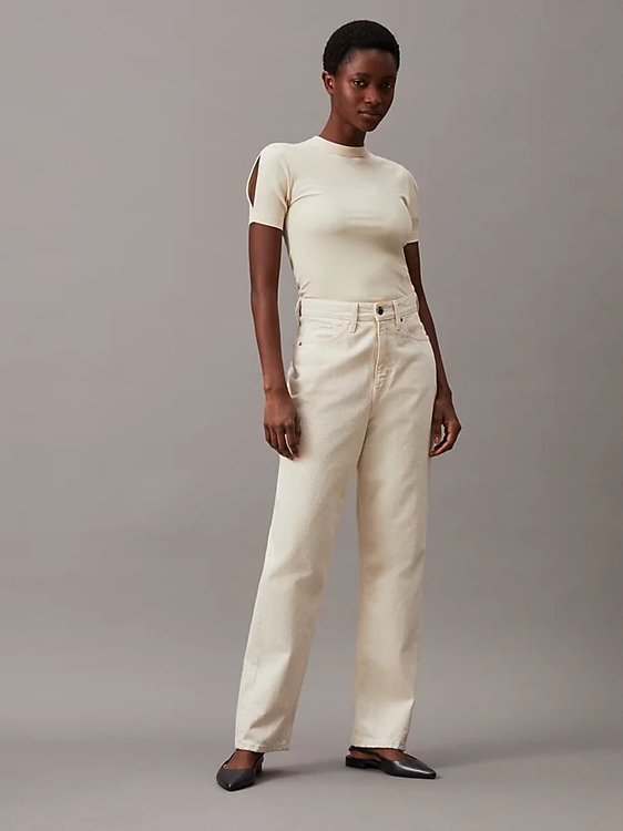 Luxusní Modal Rib Slit Detail triko, Béžová, Krémová barva, XS, S, M, L, XL