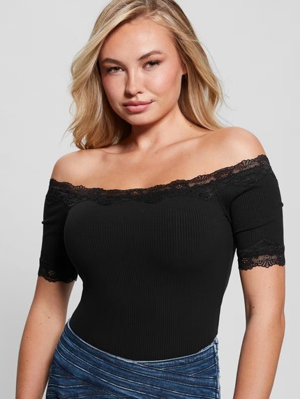 Módní Lace Rib Mei top, Černá barva, 2023