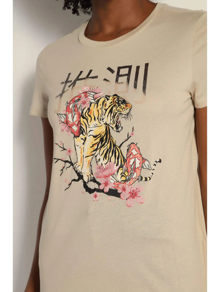 Módní Koi tiger tričko, Béžová barva, 2022