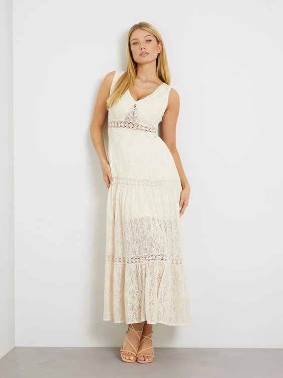 Lace Long Clio šaty – GUESS, Béžová barva Ženy