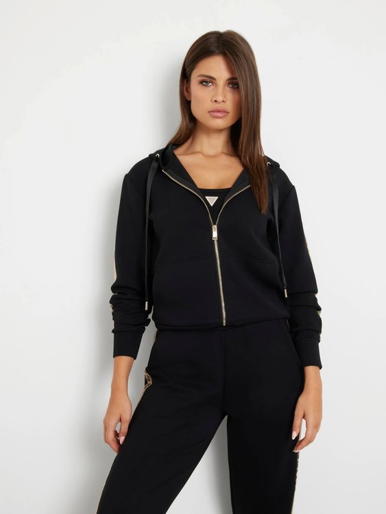 GUESS – Hood Studs Logo mikina s kapucí na zip, Černá barva