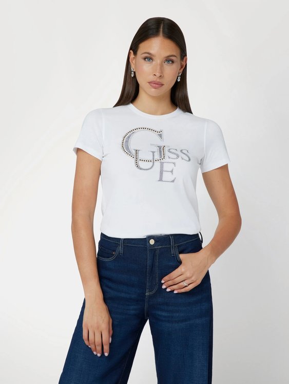 GUESS – Studs front logo triko, Bílá barva