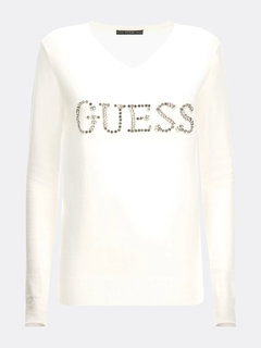 Guess, Bílá barva Front logo svetr