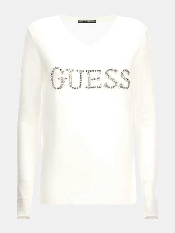 Guess, Bílá barva Front logo svetr