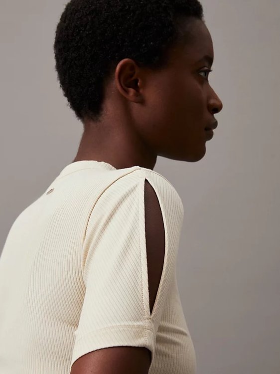 Módní Modal Rib Slit Detail triko, Béžová, Krémová barva, 2024