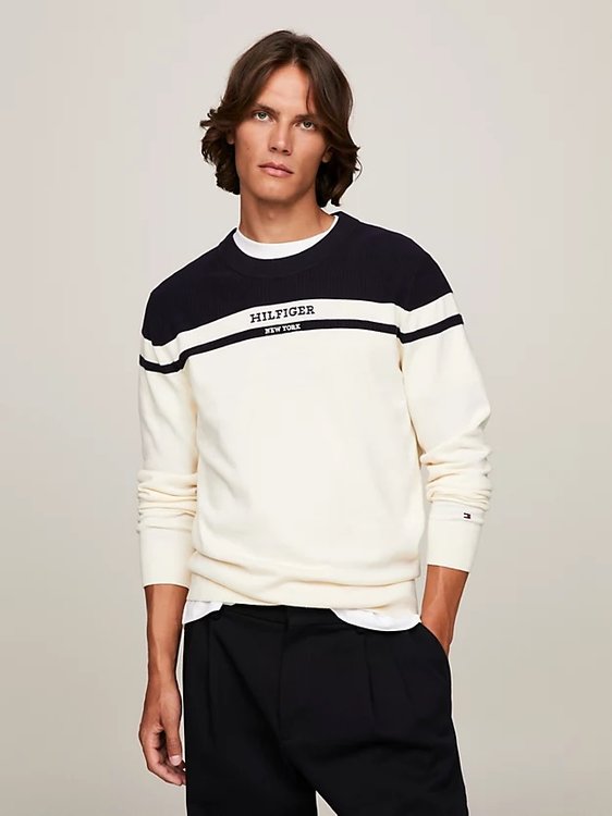 Tommy Hilfiger – Colorblock Graphic svetr, Krémová, Modrá barva