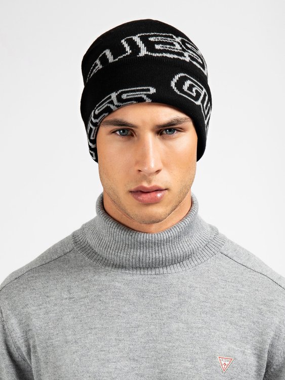 Logo Jacquard čepice – Guess, Černá barva Muži, Muži