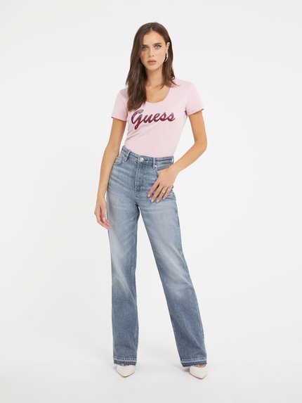 Módní Guess Shiny triko, Růžová barva, 2023
