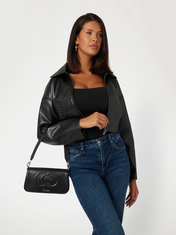 Eco Mietta Flap Shoulder střední kabelka – GUESS, Černá barva Ženy