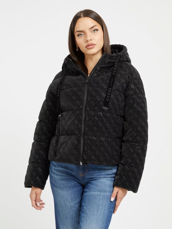 GUESS – 4G Logo Hooded Puffa bunda, Černá barva