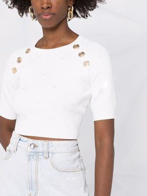 Módní Crop monogram svetr, Bílá barva, 2022