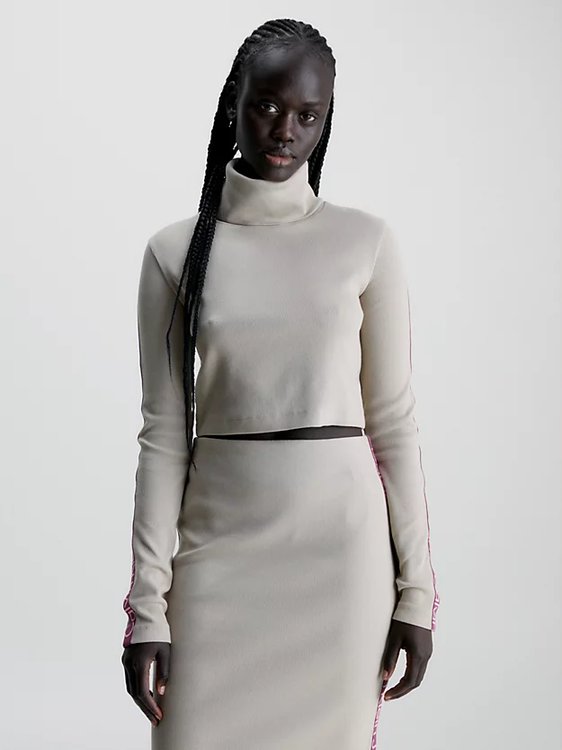 Calvin Klein Jeans – Logo Elastic Crop triko, Krémová, Šedá barva