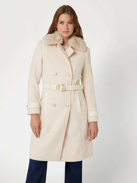 GUESS – Amelia Double Breast Belt kabát, Krémová barva