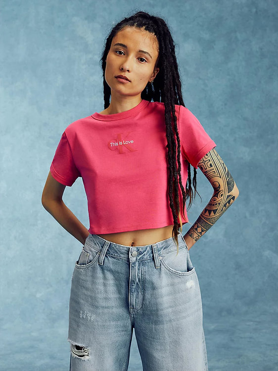 Calvin Klein Jeans – Logo crop tričko, Růžová barva