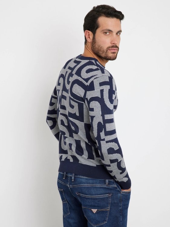 Denny Allover Logo svetr – GUESS, Modrá, Multi barva Muži